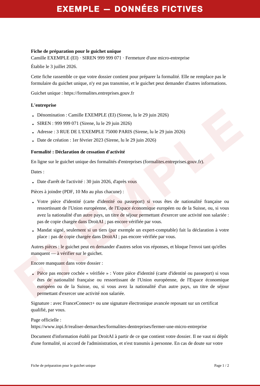 Exemple, données fictives : Fiche de préparation pour le guichet unique (page 1)