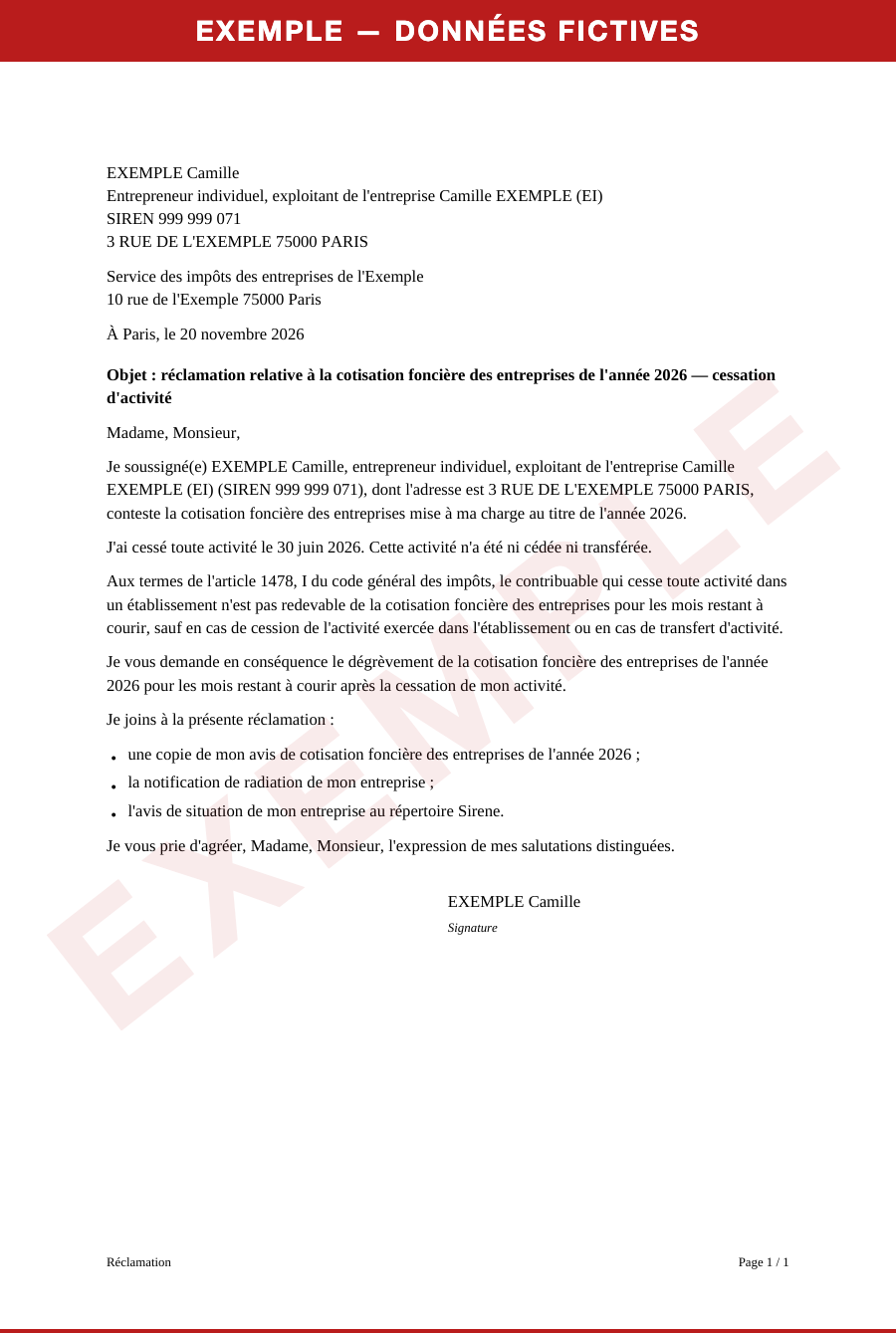 Exemplu, date fictive: Scrisoarea de contestație CFE (dacă se aplică)