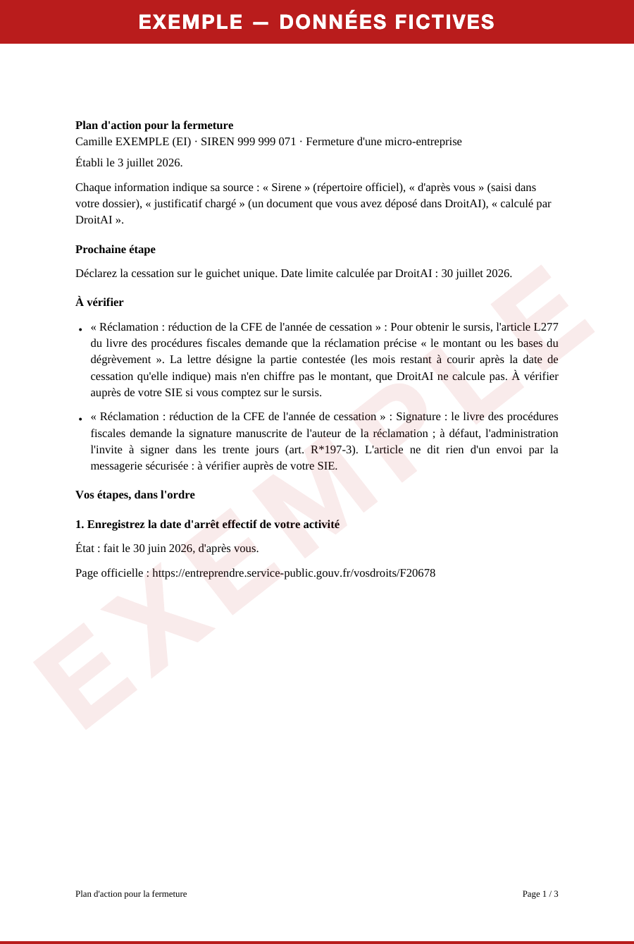 Exemple, données fictives : Plan d'action (page 1)