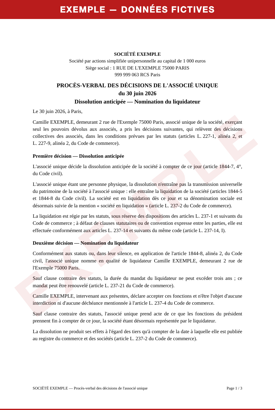 Exemple, données fictives : Décisions de l'associé unique : dissolution (page 1)